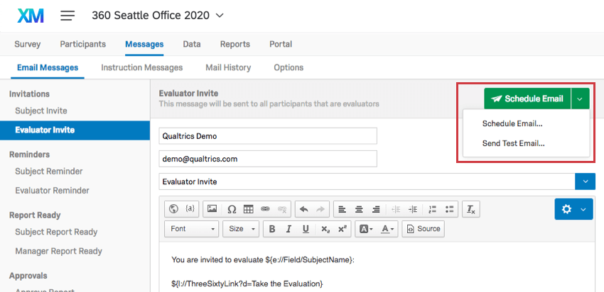 Schedule Email button in the upper right corner