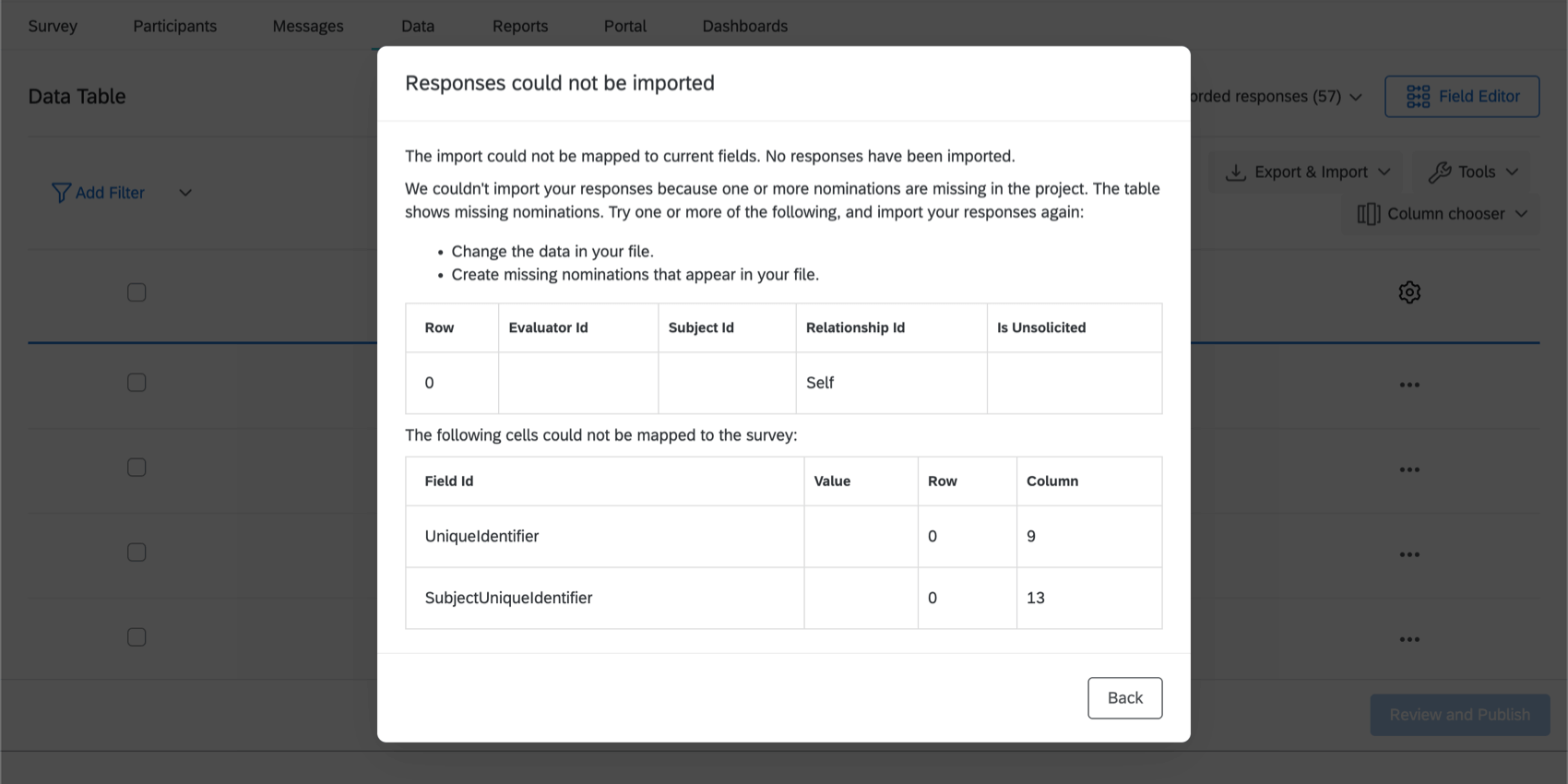 Screenshot showing the message that appears when a response cannot be imported