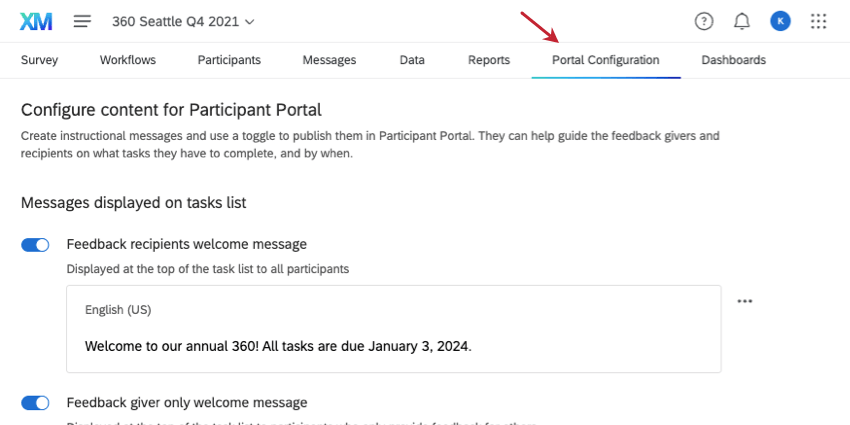 guia de configuração do portal na parte superior do projeto 360