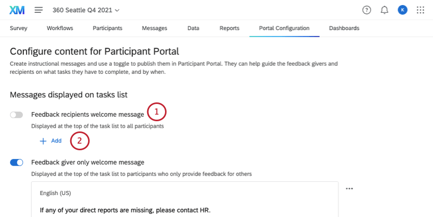 360フィードバックの未アクティブ受信者メッセージの下に追加ボタンを表示する。