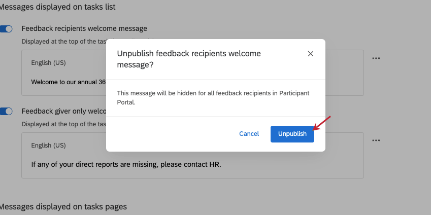 neues Modal öffnet sich mit der Schaltfläche "Unpublish"