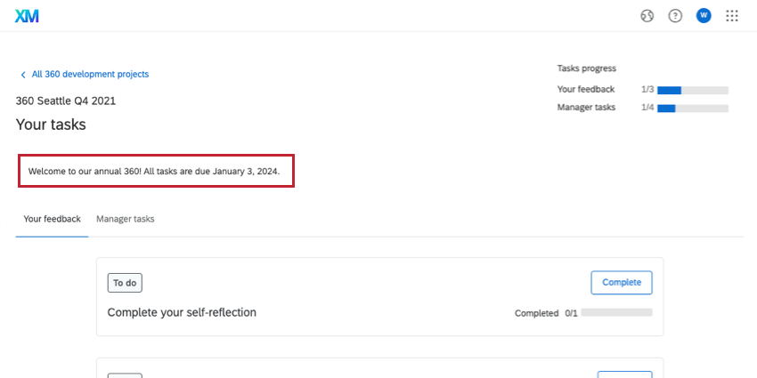 Mensaje de bienvenida que se muestra en el portal del participante