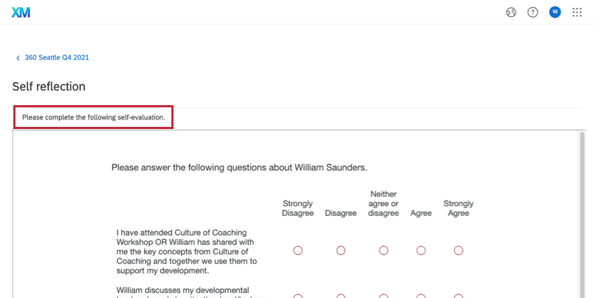 Evaluate self message displayed in the Participant Portal