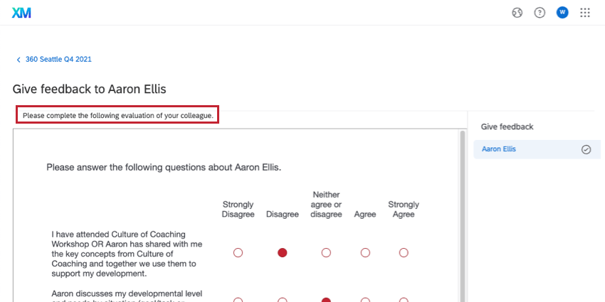 Evaluate others message displayed in the Participant Portal