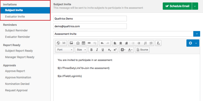 Types of invitations available in the left selection pane