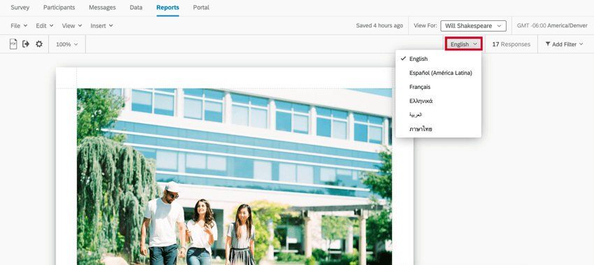 il menu a tendina della lingua in alto a destra della barra degli strumenti