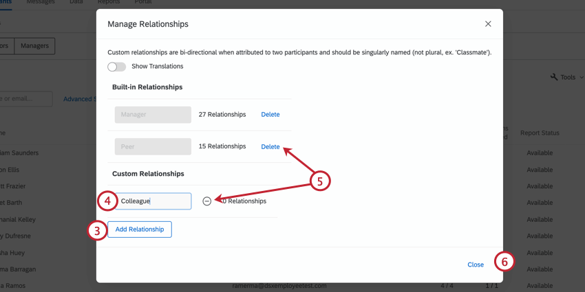 clicar em adicionar relação e dar um nome ao relação. remover relacionamentos clicando em excluir ou no sinal de menos