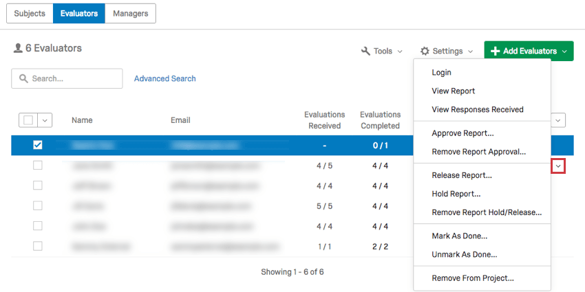 Participant dropdown menu options within the Participants tab