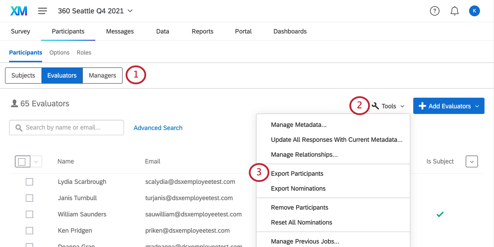 La section Participants de longlet Participants, Évaluateurs est ouverte, et il y a un menu Outils élargi