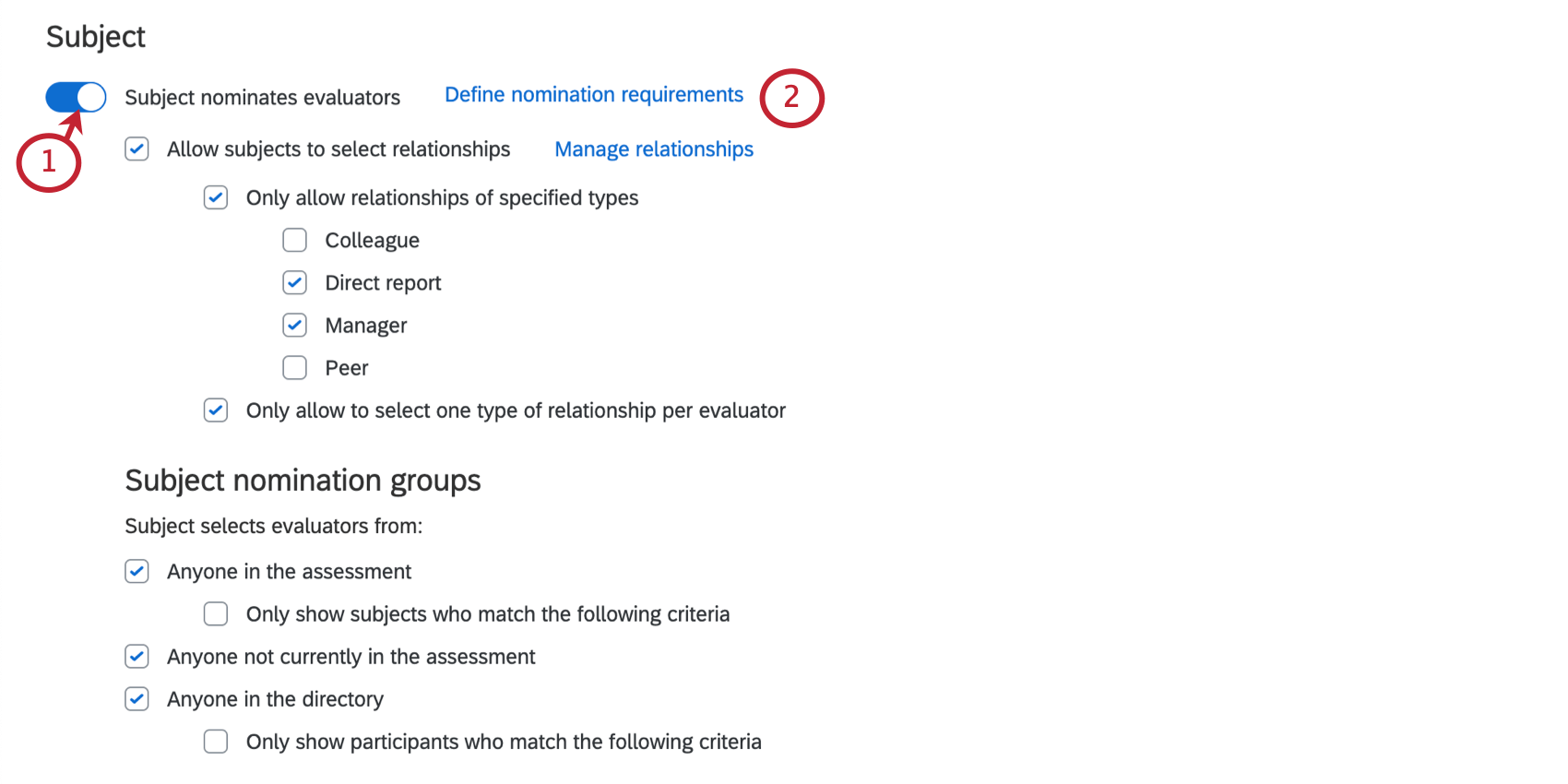 Configuración de la opción El Sujeto nomina evaluadores