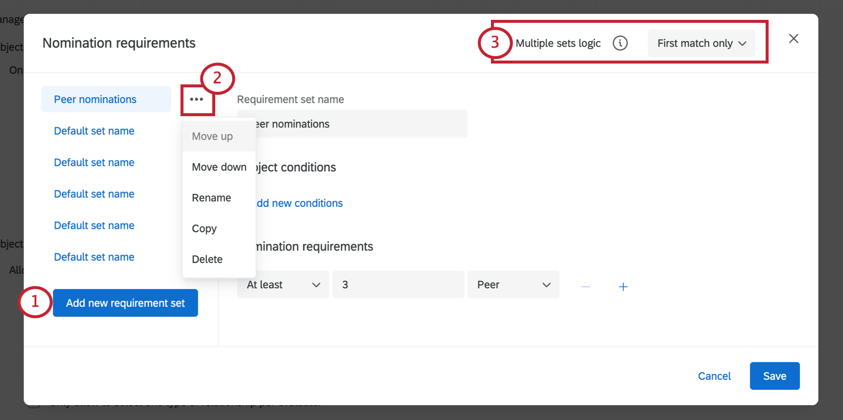 Additional options in the Nomination Requirements pop up window
