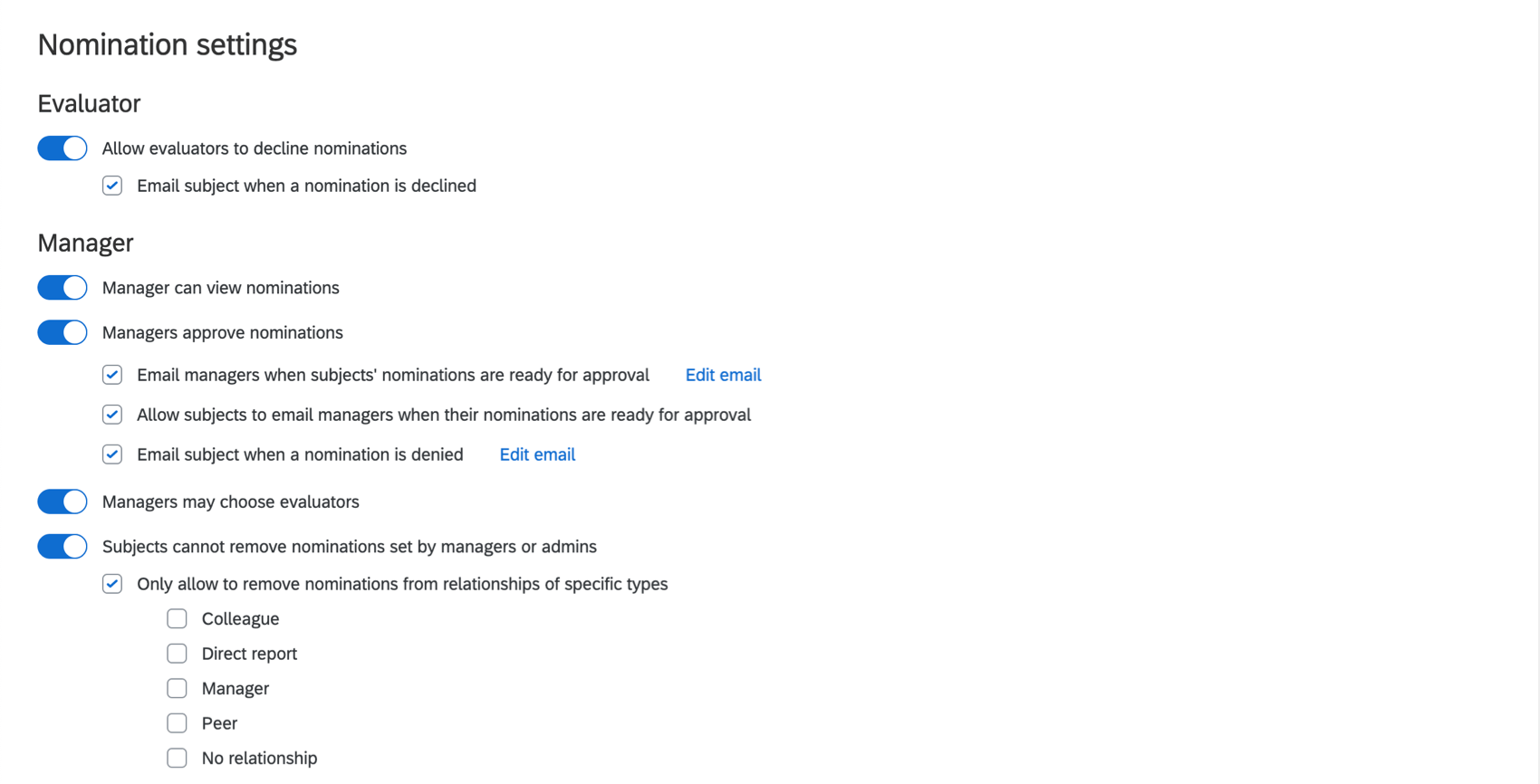 Image of the Manager section of the Nomination settings, which is under the Evaluator section