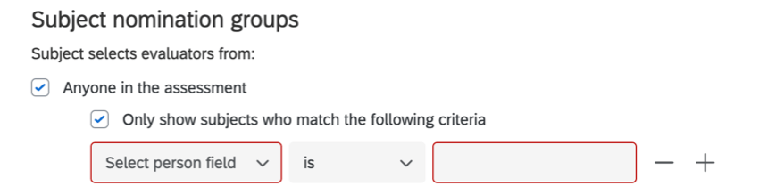 Option "Afficher uniquement les personnes évaluées qui répondent aux critères suivants", avec des champs où vous pouvez saisir des métadonnées