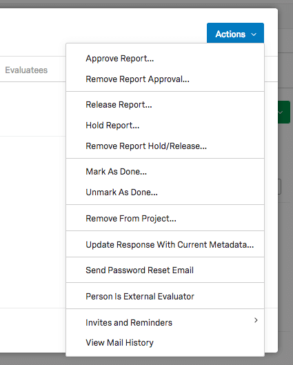 Actions dropdown menu within the Participant Information Window