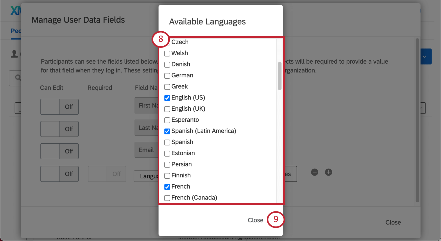 imagem da lista de idiomas disponíveis. clique na caixa de seleção avançar de um idioma para ativá-lo.