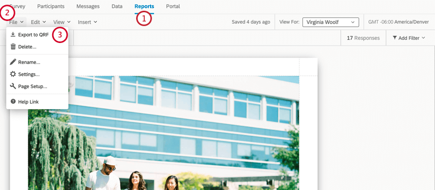 レポート]タブで[ファイル]をクリックし、[qrfにエクスポート]をクリックします。