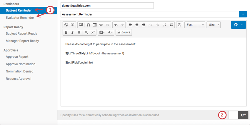 Selecting either a subject or evaluator reminder
