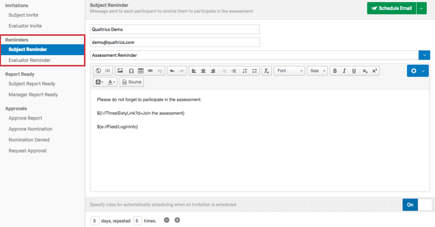 Types of reminders available in the left selection pane