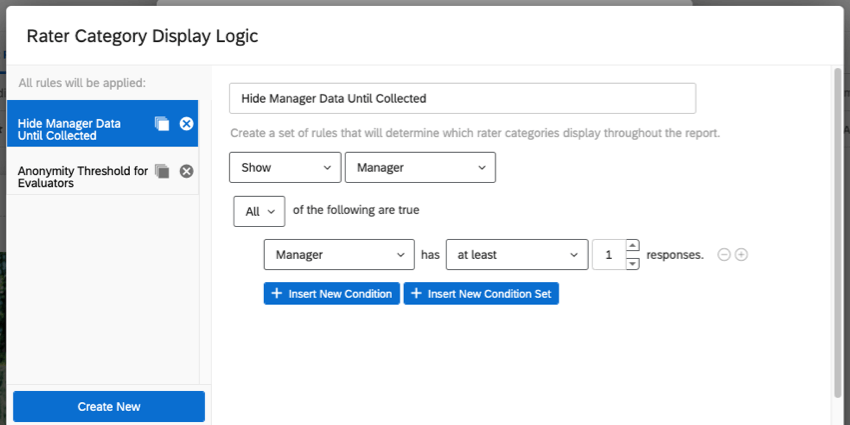 Rater display logic is named "hide manager data until collected" and says show manager data if all of the following are true - manager has at least 1 response