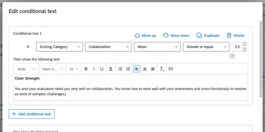 Die Bedingung des Textes ist, dass der Mittelwert der Punktewertungskategorie ZUSAMMENARBEITEN größer oder gleich 3,5 ist und der Text lautet: Klare Stärke - Sie und Ihre Bewerter haben Sie in Bezug auf die Zusammenarbeit sehr gut bewertet. Du weißt, wie du gut mit deinen Teamkollegen und funktionsübergreifend zusammenarbeitest, um so komplexe Herausforderungen zu lösen."