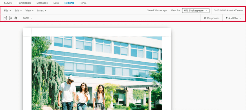 la barra degli strumenti dei rapporti nella parte superiore del rapporto