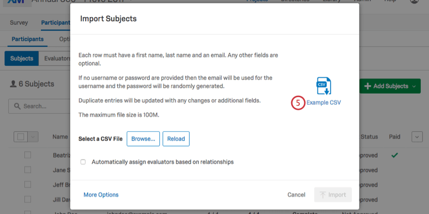 Auswahl der Option CSV im Popup-Fenster Feedbacknehmer importieren