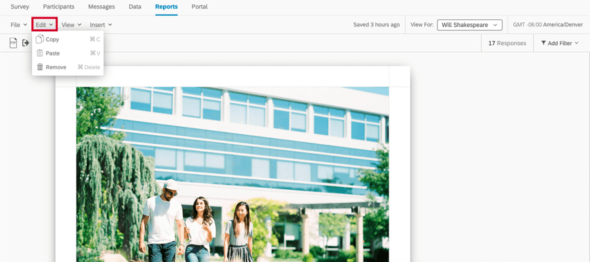 レポートツールバーの編集メニュー