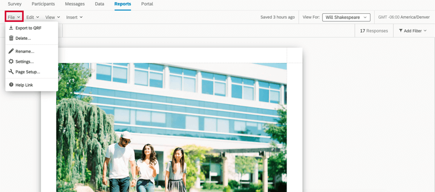 das Dateimenü in der Berichtssymbolleiste