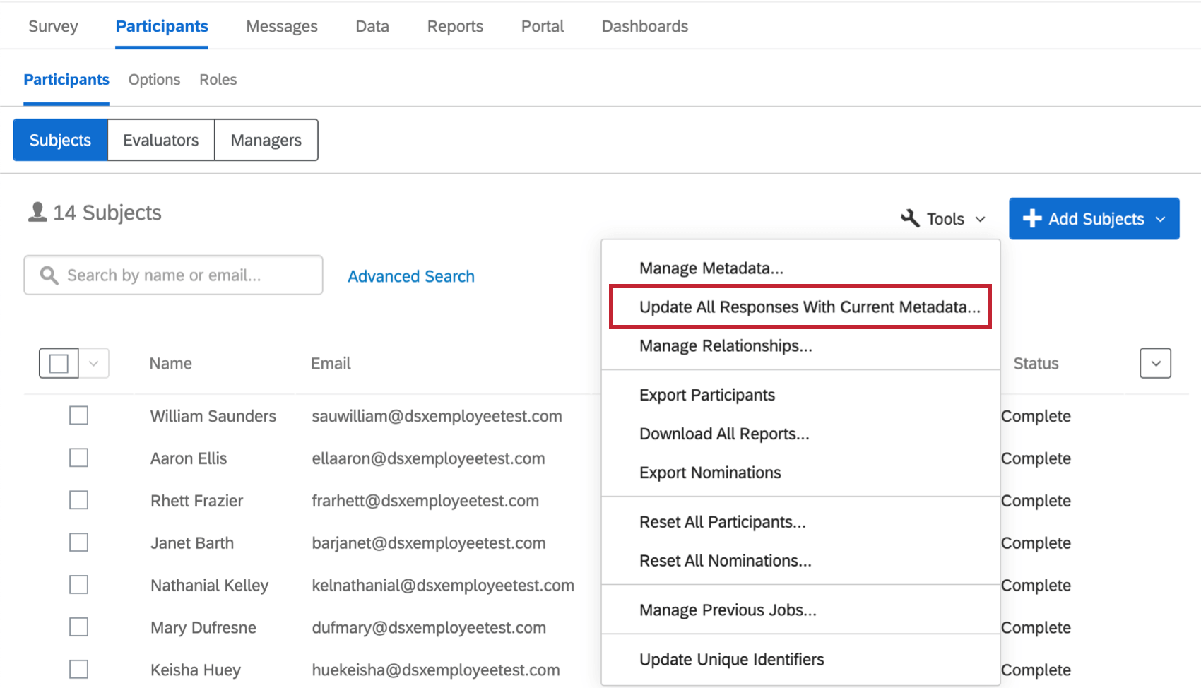 In the participants tab, tools menu is selected