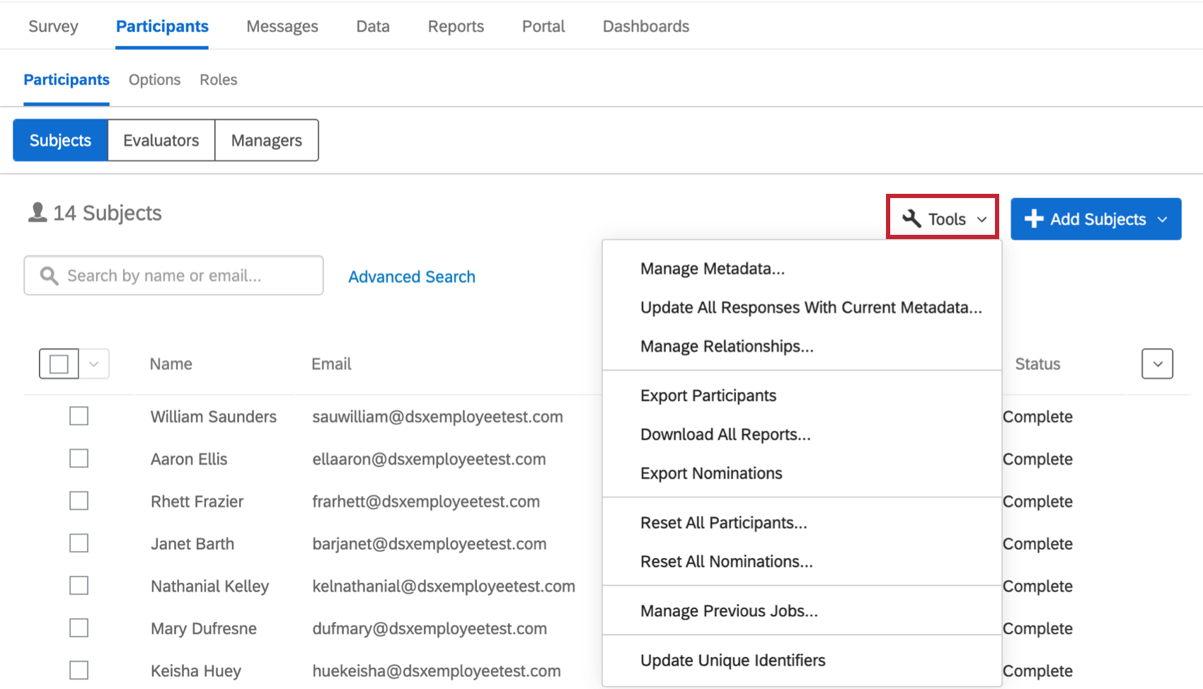Options du menu déroulant Outils dans longlet Participants