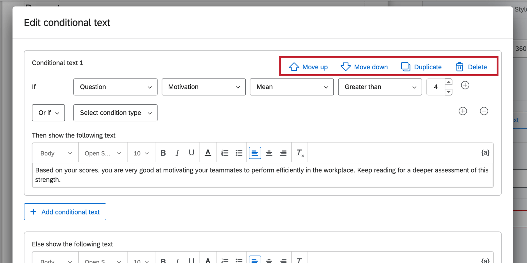 the options in the top right corner of a conditional text set to move, duplicate, or delete the set