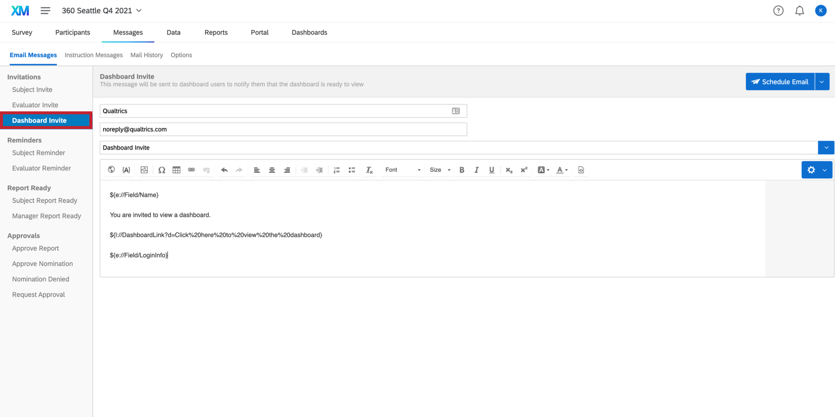 página de configuração de e-mail dashboard