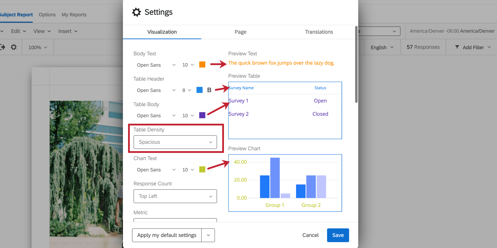 Font settings and their corresponding place in the report