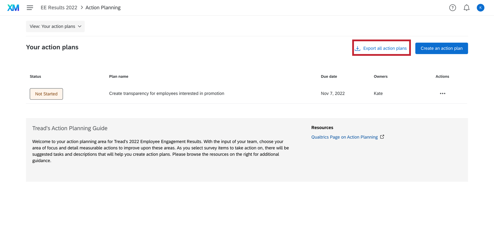 Shows the "Export action plans" button in the action plans tab.