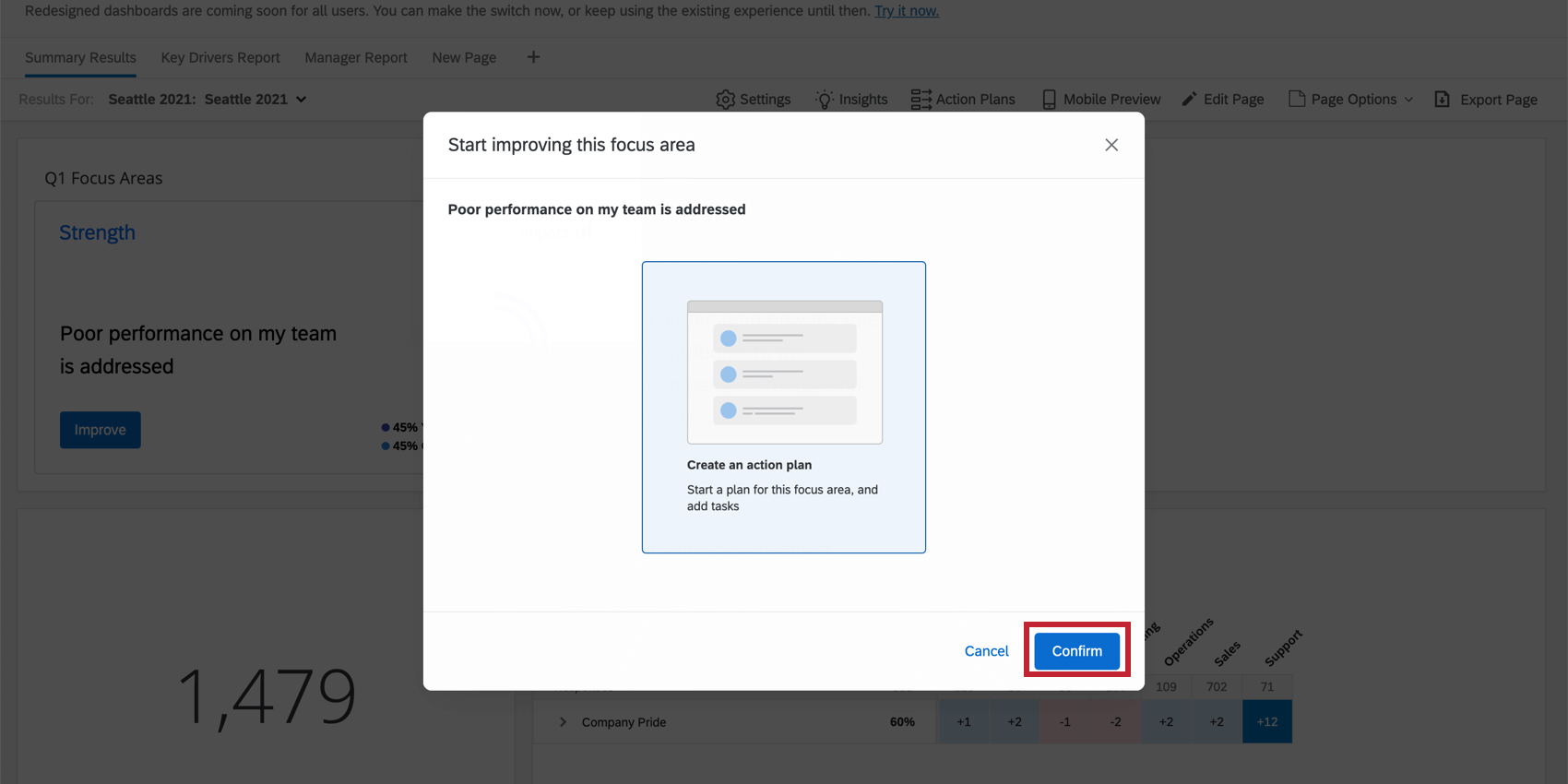 Shows confirmation pane for creating action plan from focus area widget.