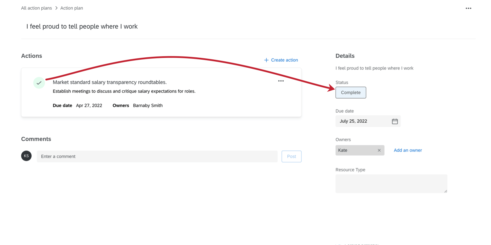 The action plan status can be manually overridden by clicking the Status and changing the Status and Progress fields.
