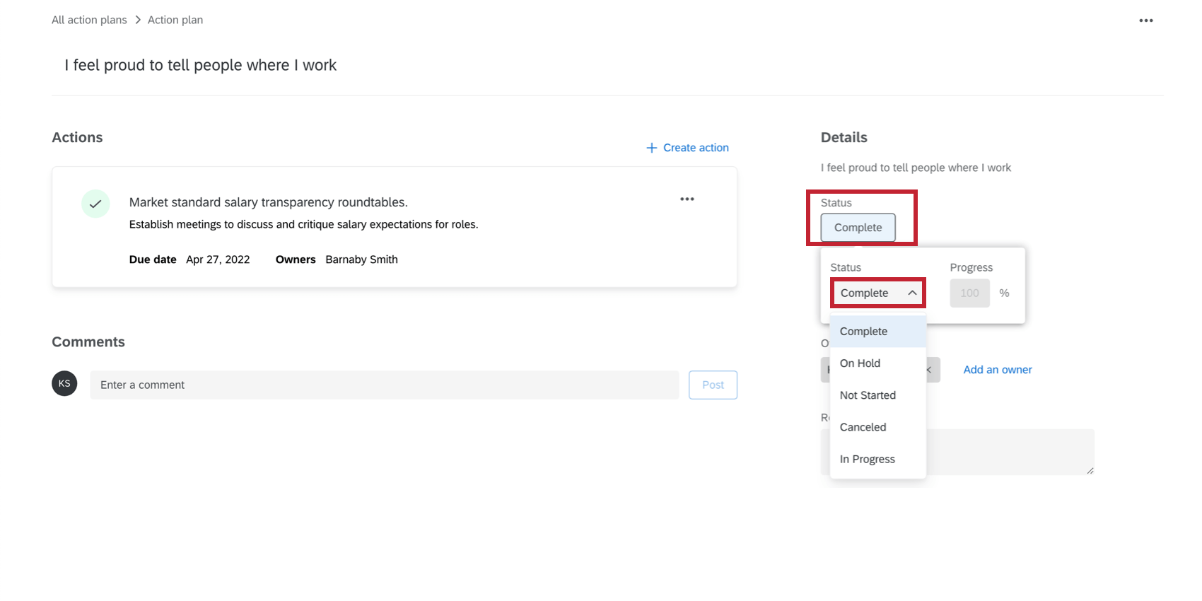 Edit status manually by selecting the status button and choosing a percentage.