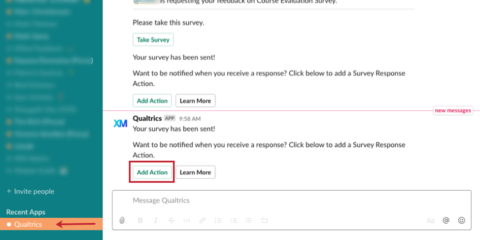 Imagem do bot do aplicativo Qualtrics enviando uma mensagem no Slack para o proprietário do pesquisa. A mensagem diz ao usuário para adicionar uma ação para ser notificado quando respostas forem recebidas