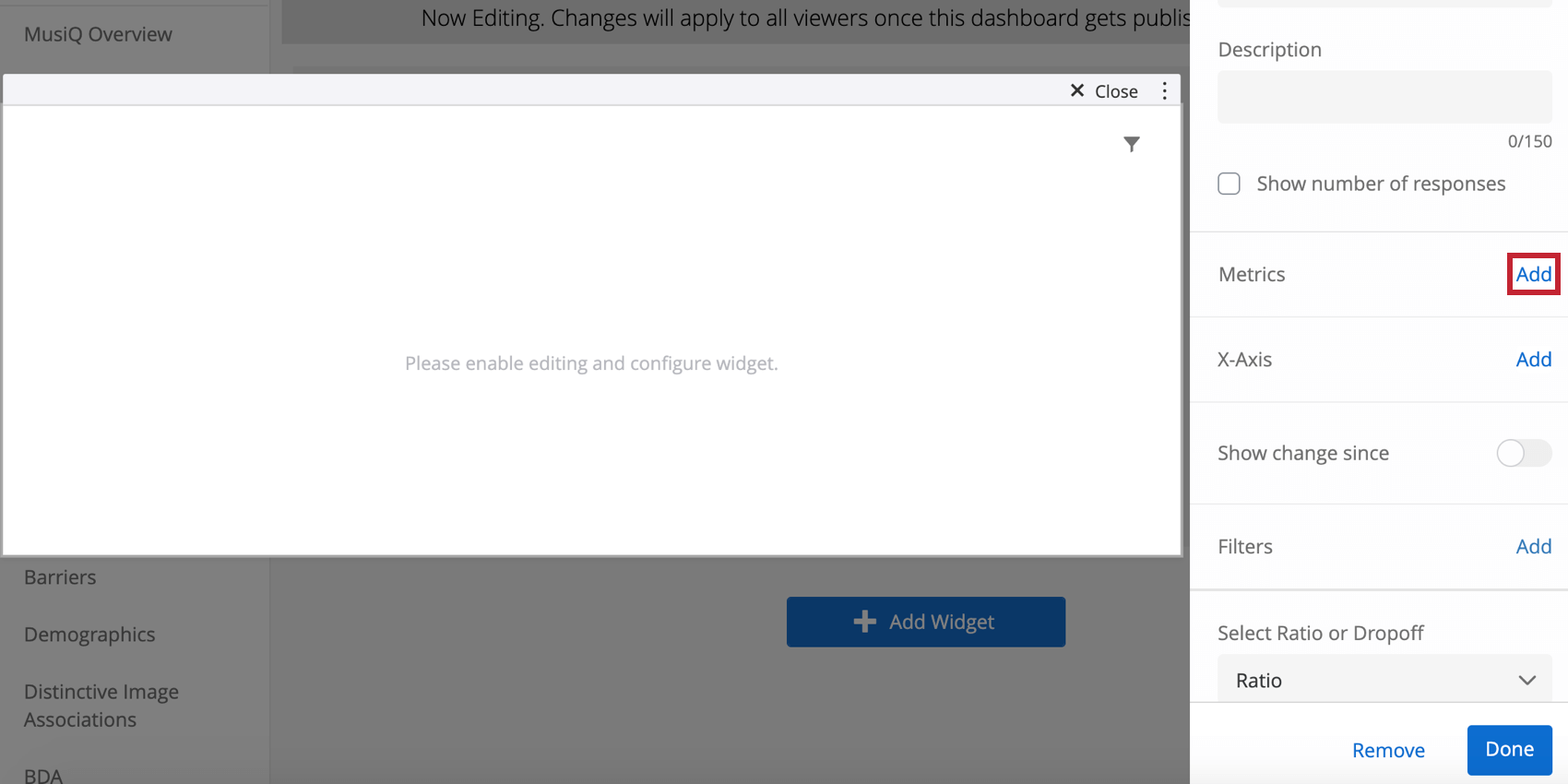 clicking the add button to add a metric