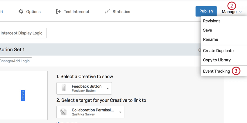 image of the manage and event tracking options in the intercept tab