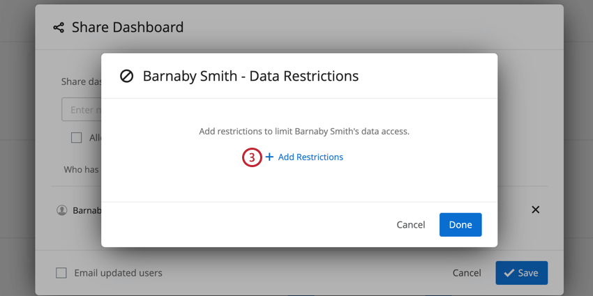 the data restrictions screen; the add restrictions button is in the middle of the popup