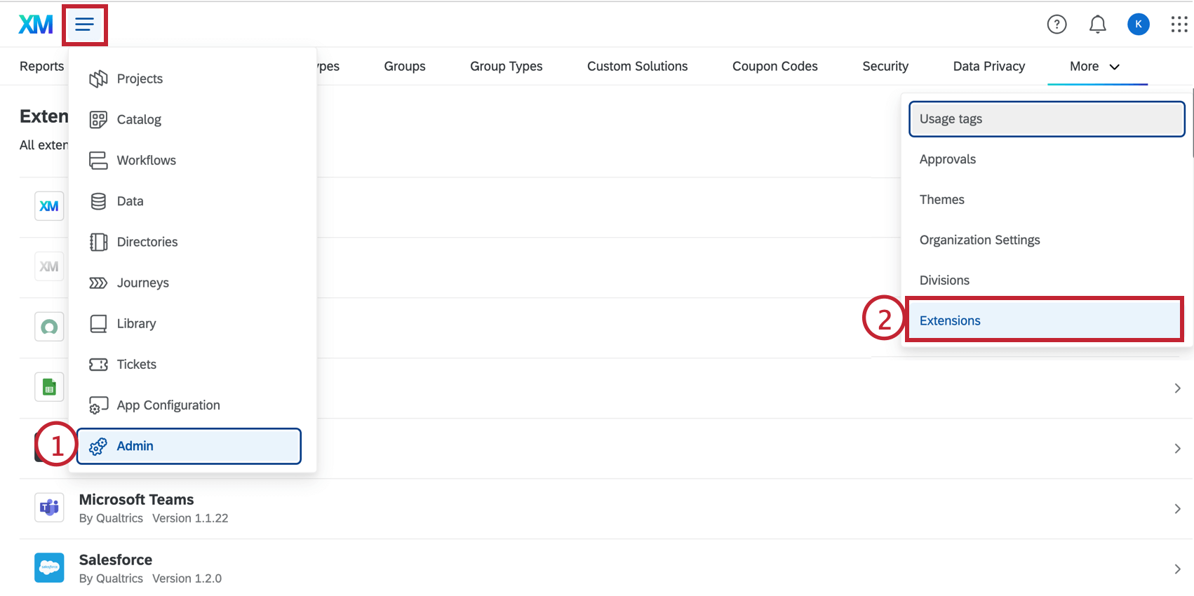 Admin and extensions tab