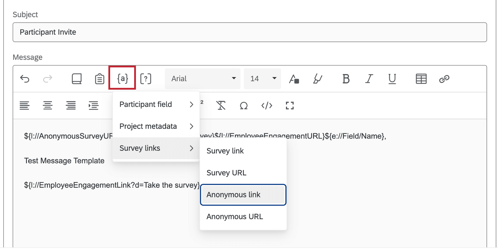 テキストの差し込みアイコンが強調表示されたライフサイクルメッセージ本文