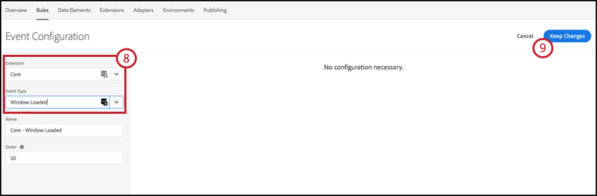 Image of the Event Configuration Screen for Adobe Launch