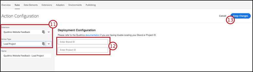 Adobe Launchのアクション設定画面画像