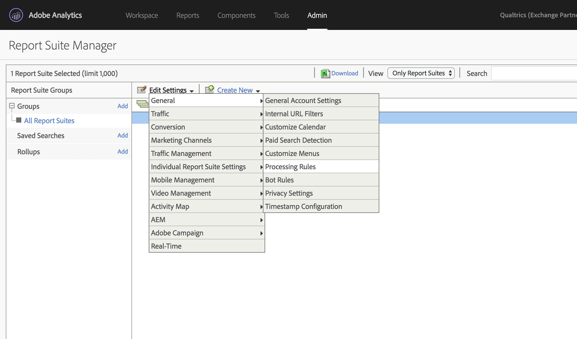 Janela do Adobe Analytics