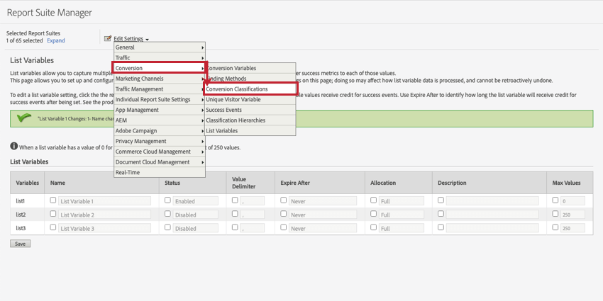 Conversion classifications in Adobe Analytics.
