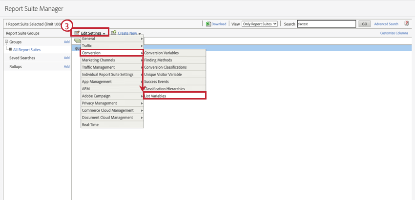 Mostra as configurações de edição no gerente do conjunto de relatórios do Adobe Analytics.