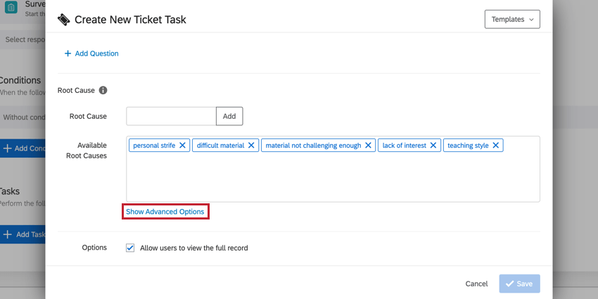 image of the show advanced options button after creating a root cause
