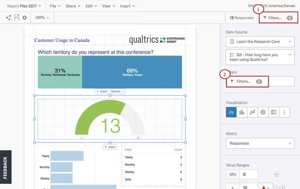 Filtros no canto superior direito da seção Relatórios e no painel de edição visualização